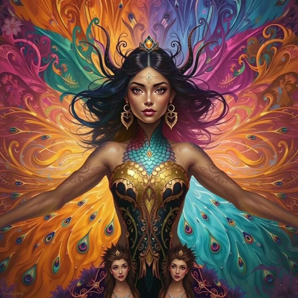 Dragon Woman with Flowers in Abstract Expressionism