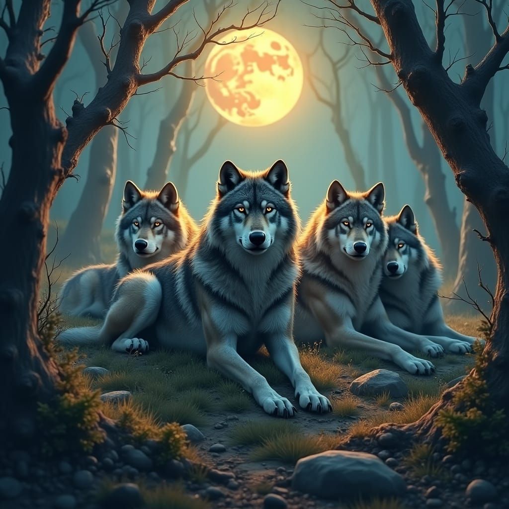 Gray Wolves in Moonlight: Hyper-Realistic Splash Art