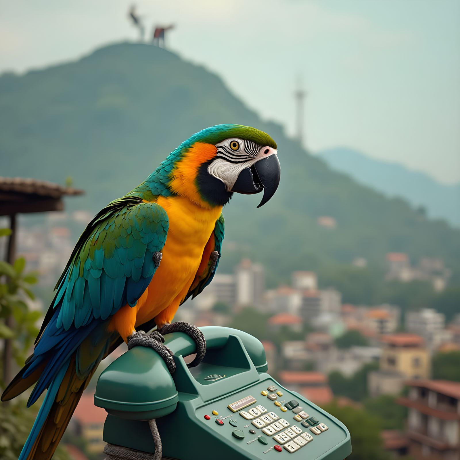 Parrot Gossips on Payphone Overlooking Favela Scene