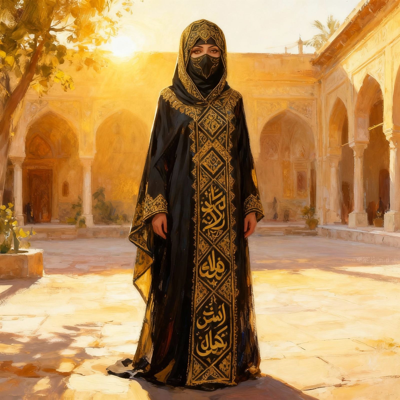Muslim Woman in Ornate Hijab in Sunlit Courtyard