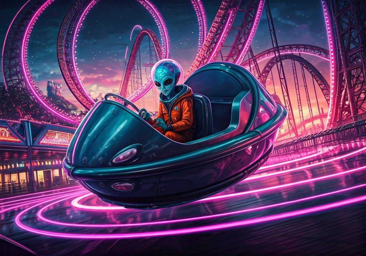 Space Alien Fly Saucer Ride in Neon Amusement Park