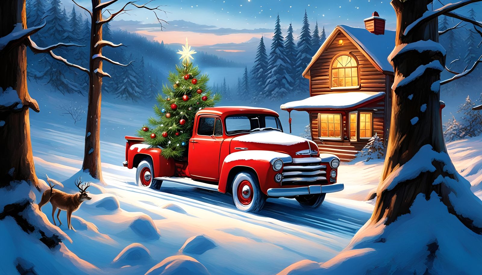 Nostalgic Christmas: Red Truck with Tree in Snow
