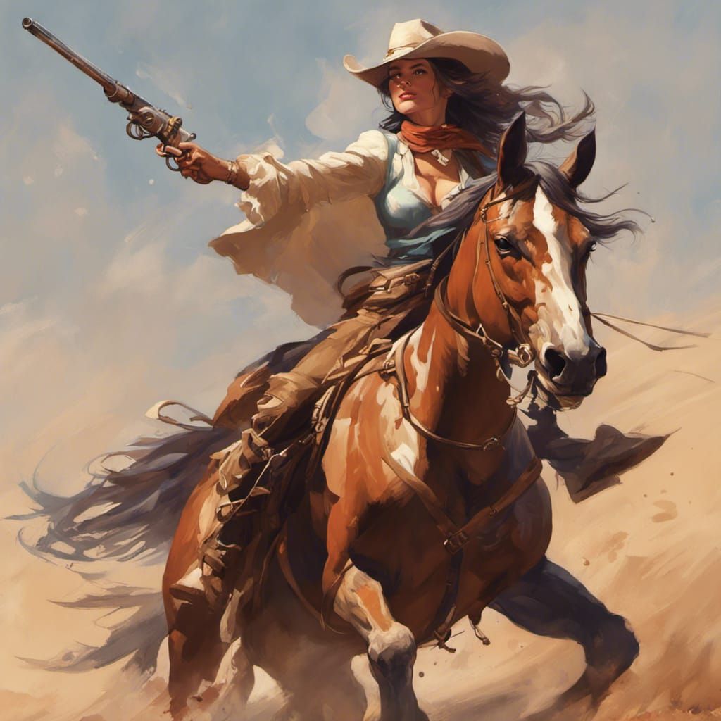 Cowgirl Lassoing Bad Guy in Frazetta Style