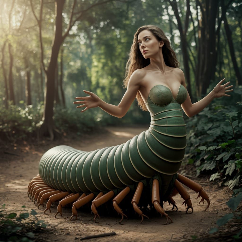 Surreal Millipede Woman in Sunlit Forest