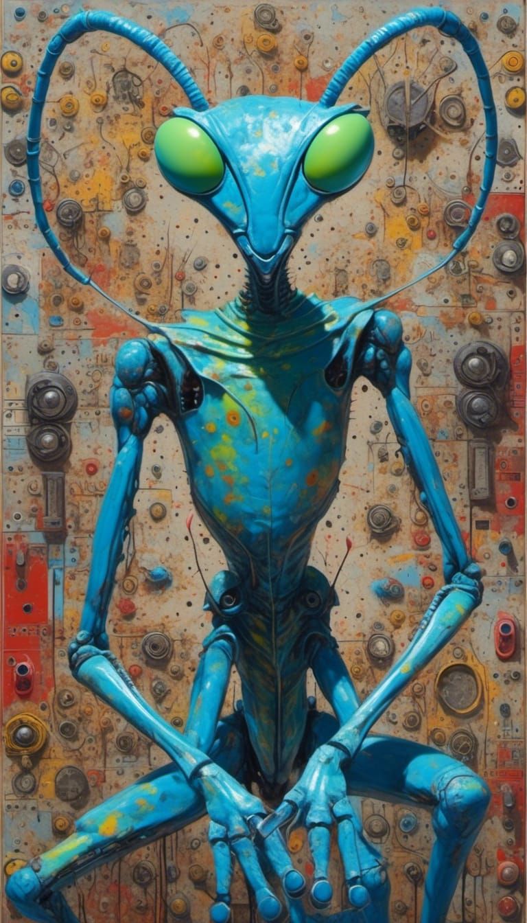 Blue Alien Praying Mantis in Neo-Expressionism Style