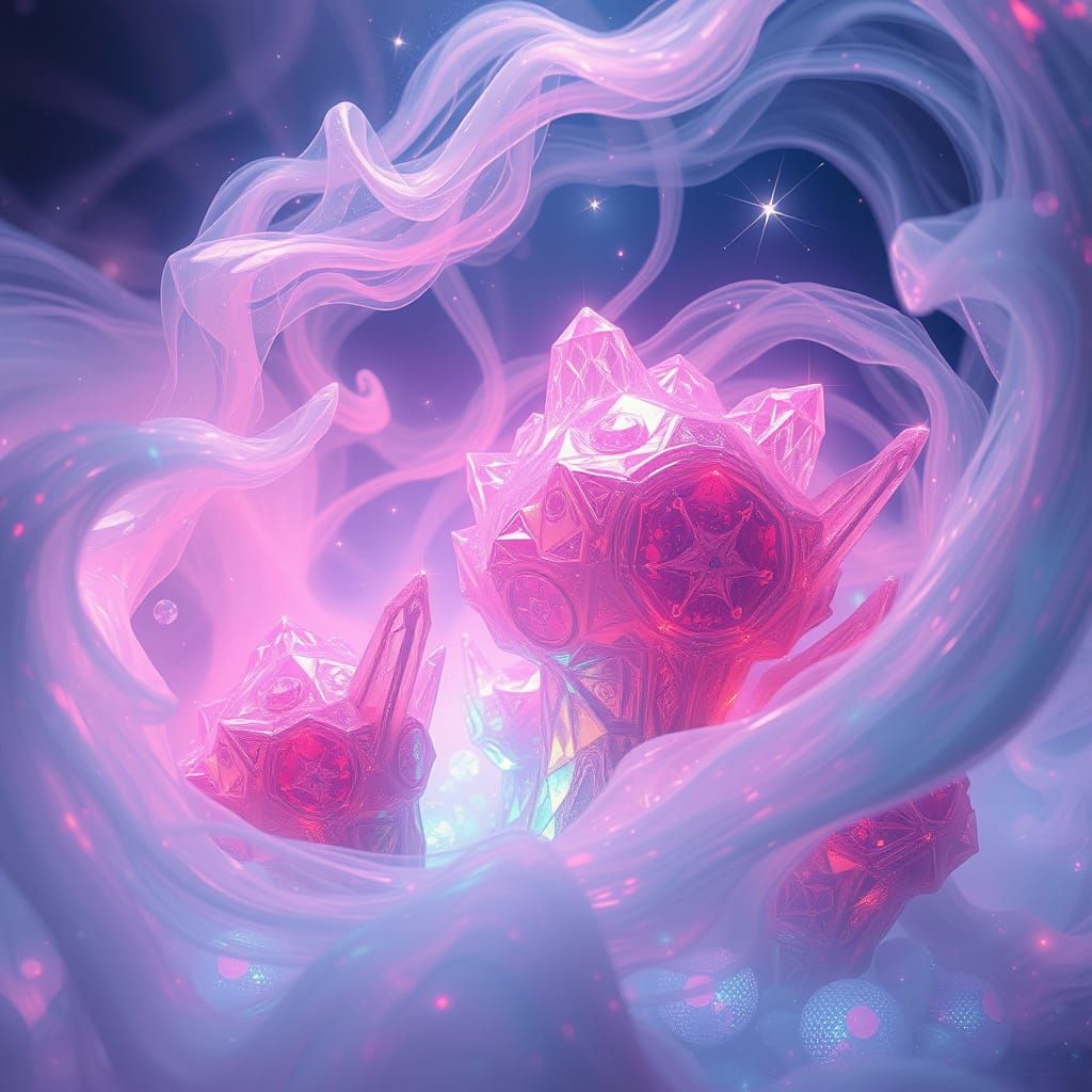 Ethereal Dreamscape with Iridescent Mist and Glowing Crystal...