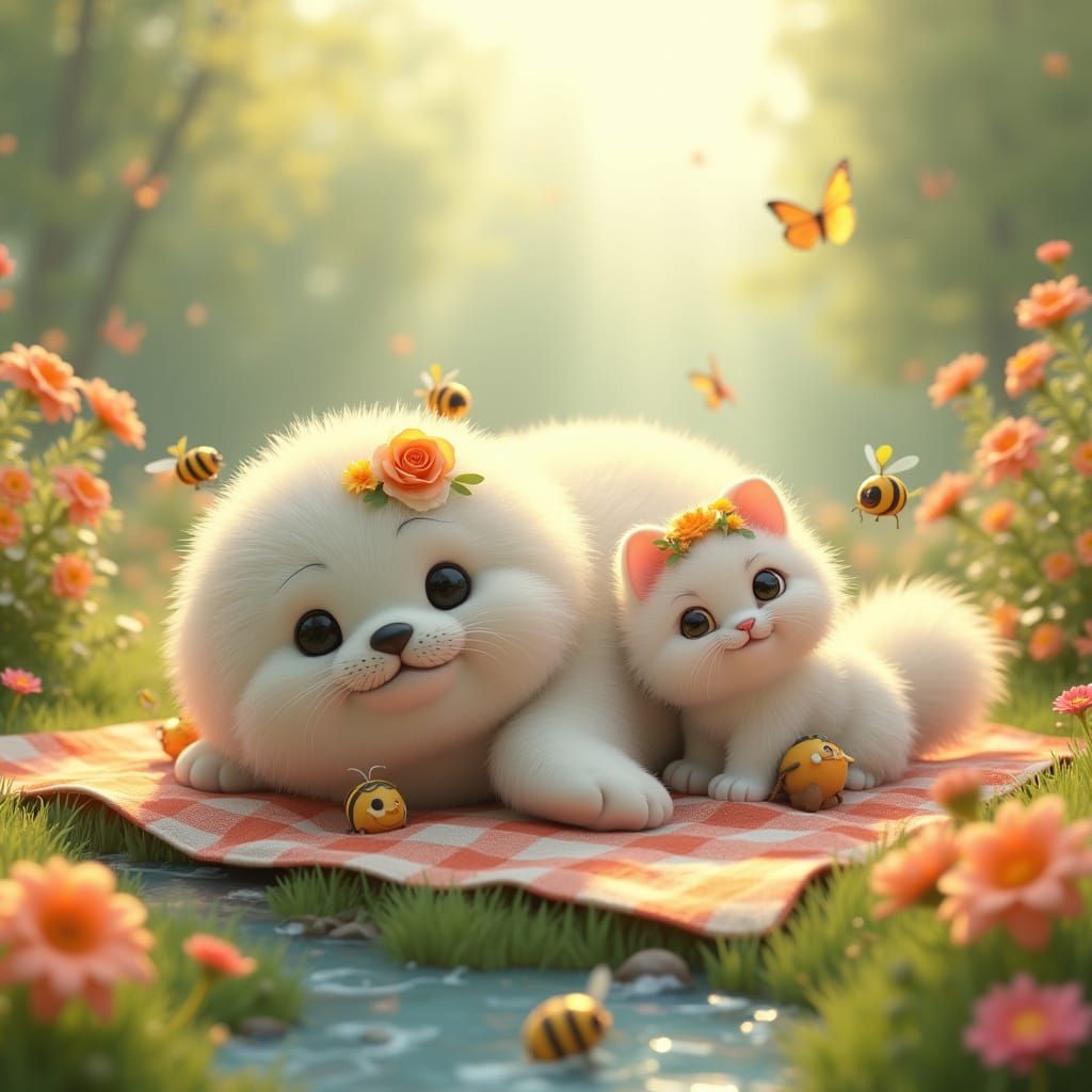 Adorable Seal and Cat Play on a Picnic Blanket in a Vibrant ...