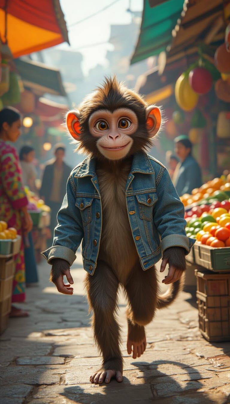 Mischievous Monkey in Denim Jacket at Market