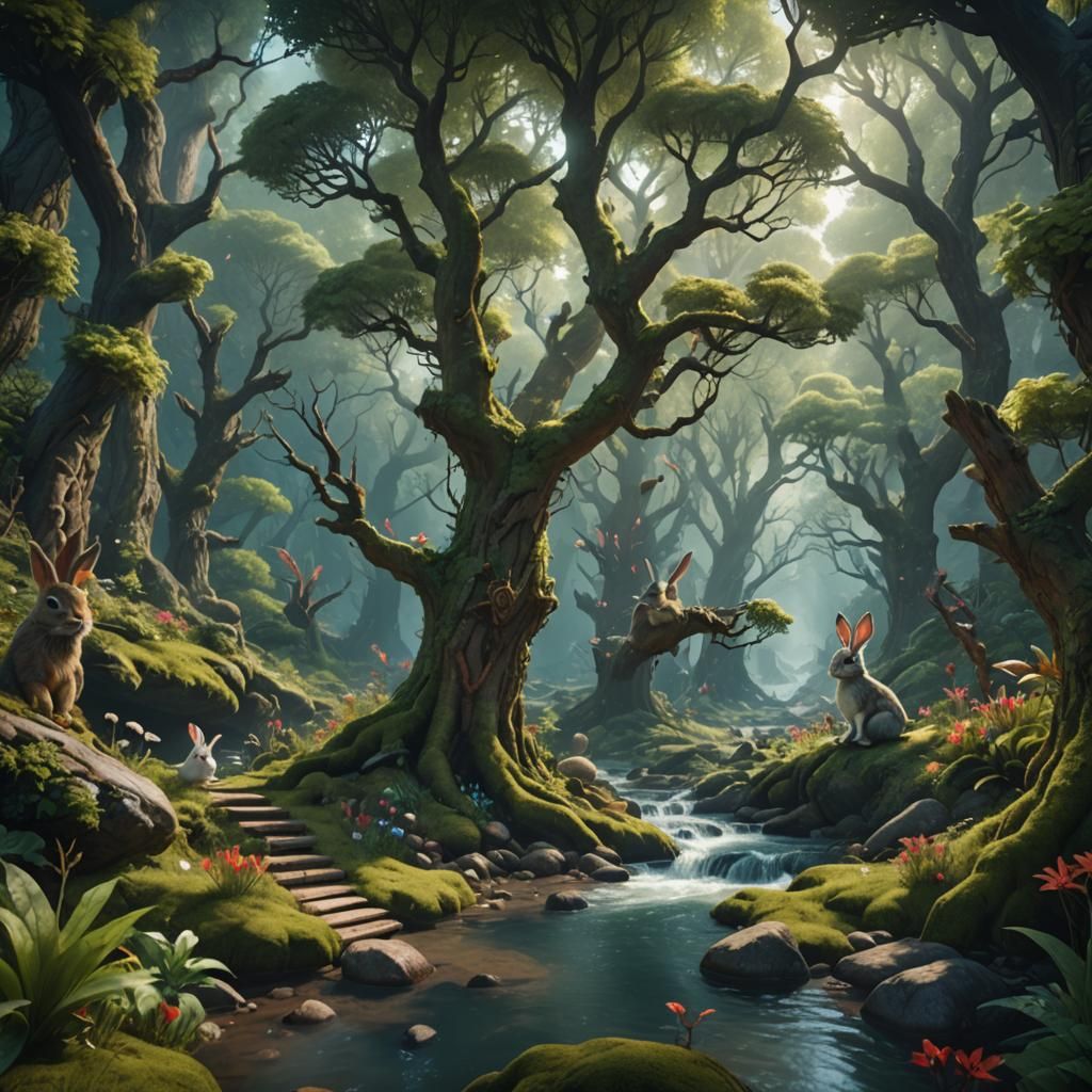 Magical Ancient Forest with Bloody River, Fantasy Art