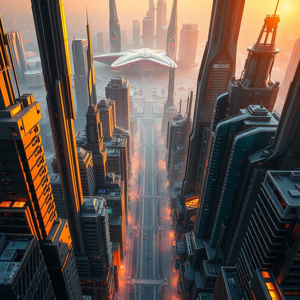 A Futuristic Metropolis Illuminated by Golden Light