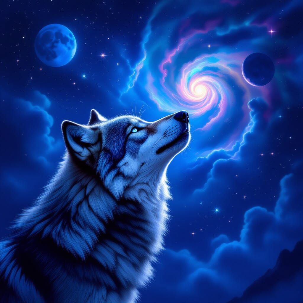Lone Wolf Howling Under Cosmic Sky with Shattered Moons