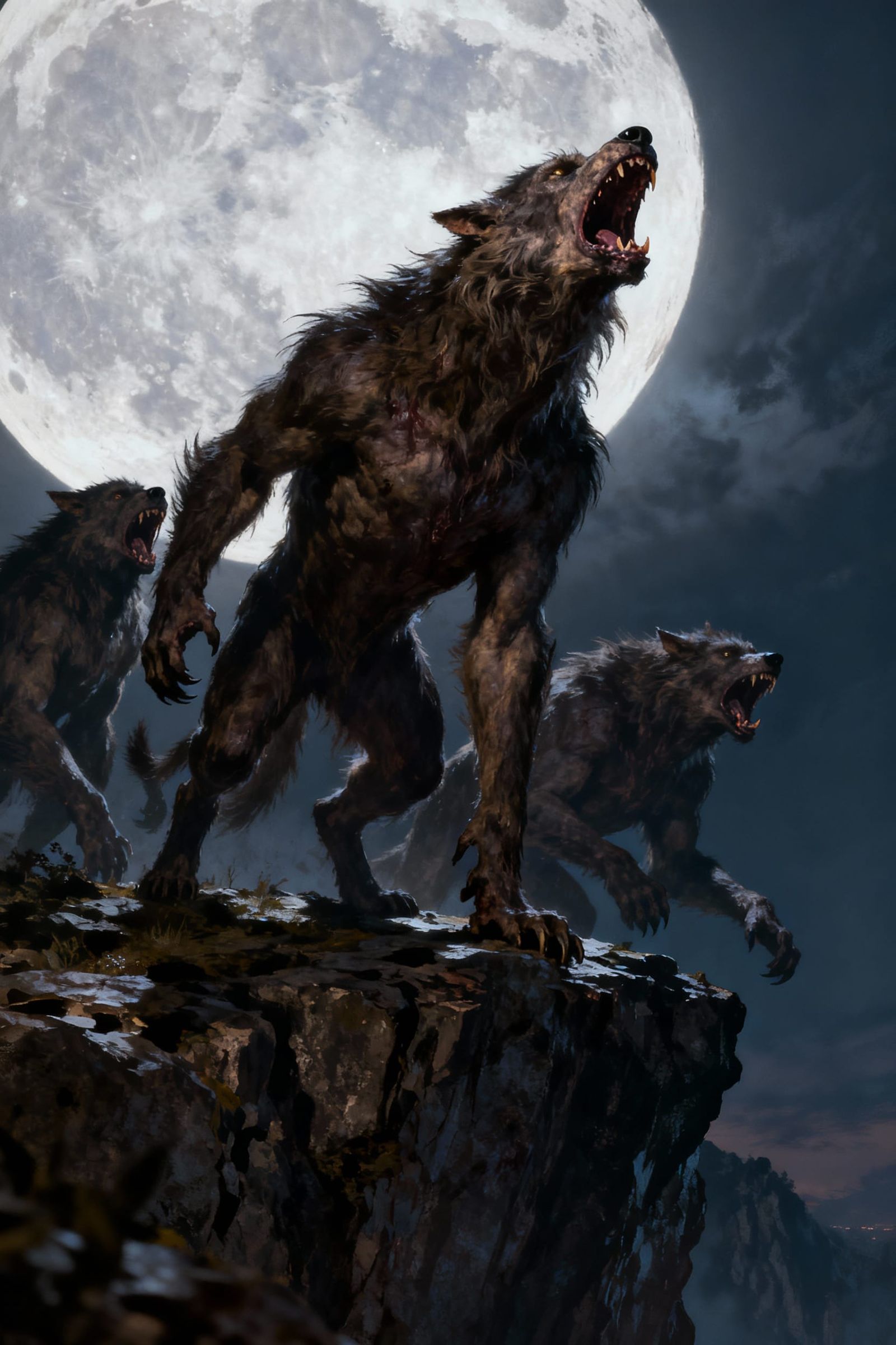 Monstrous Werewolves Howling at Moonlit Sky