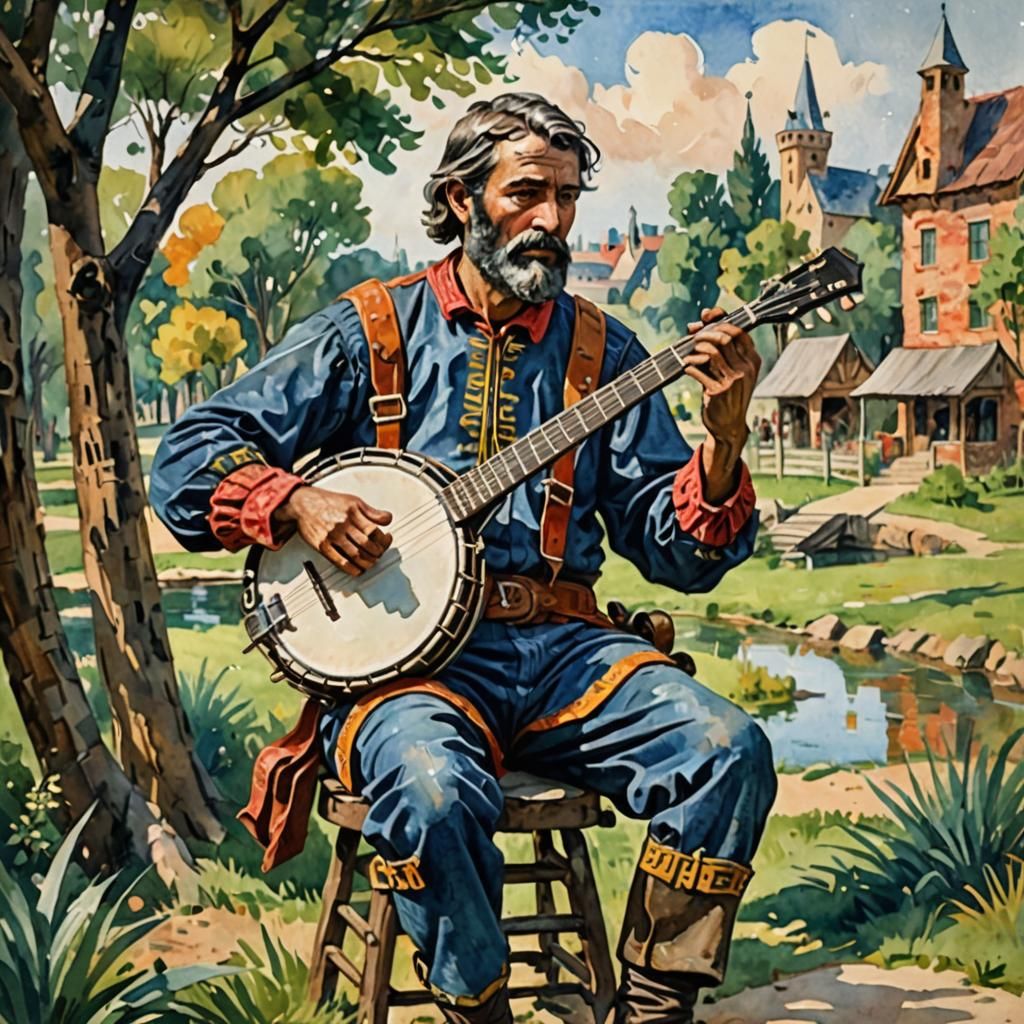 Ivanhoe Playing Banjo in Gouache Watercolor Style
