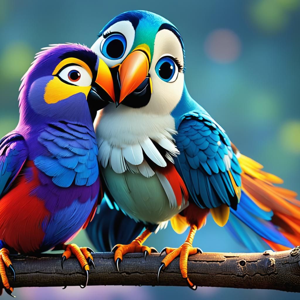 Birds Sharing a Kiss in Pixar Animation Style
