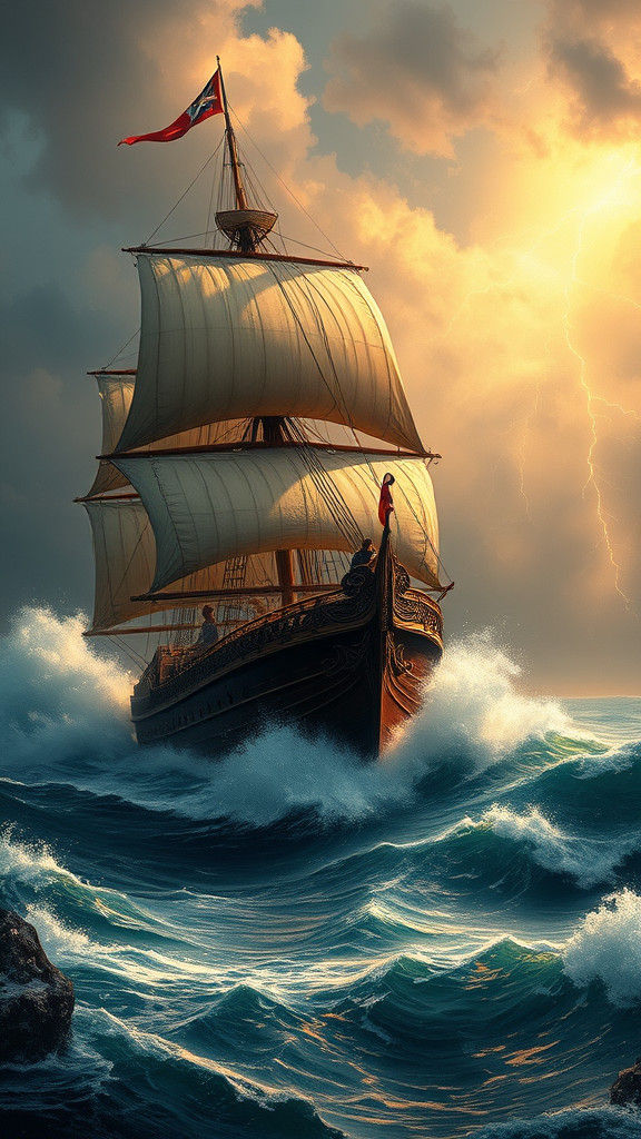 Sailing Ship Battles Stormy Seas in Dramatic Seascape