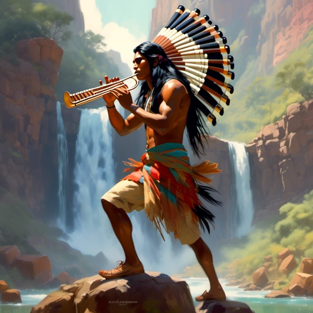 Young Man playing a Pan Flute wind instrument.