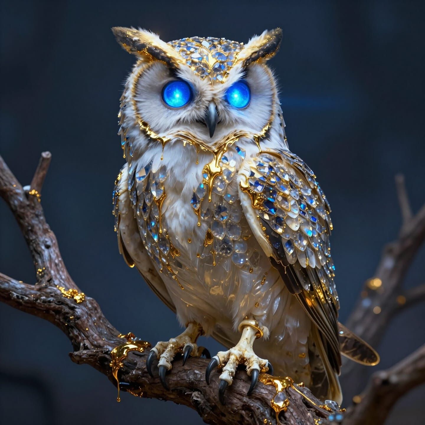 Skeletal Owl with Crystal Scales and Blue Fire