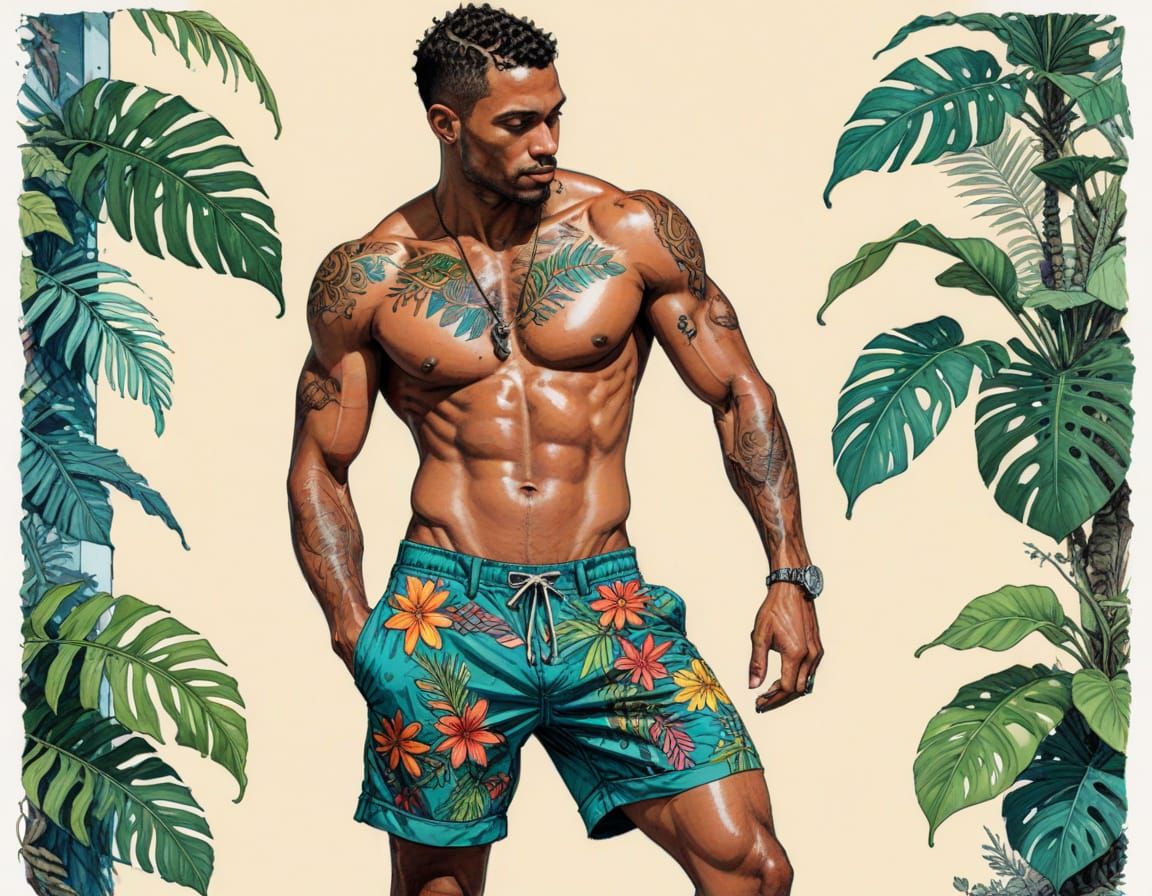 Urban Sketch of a Swarthy Male in a Funky Caribbean Still Li...