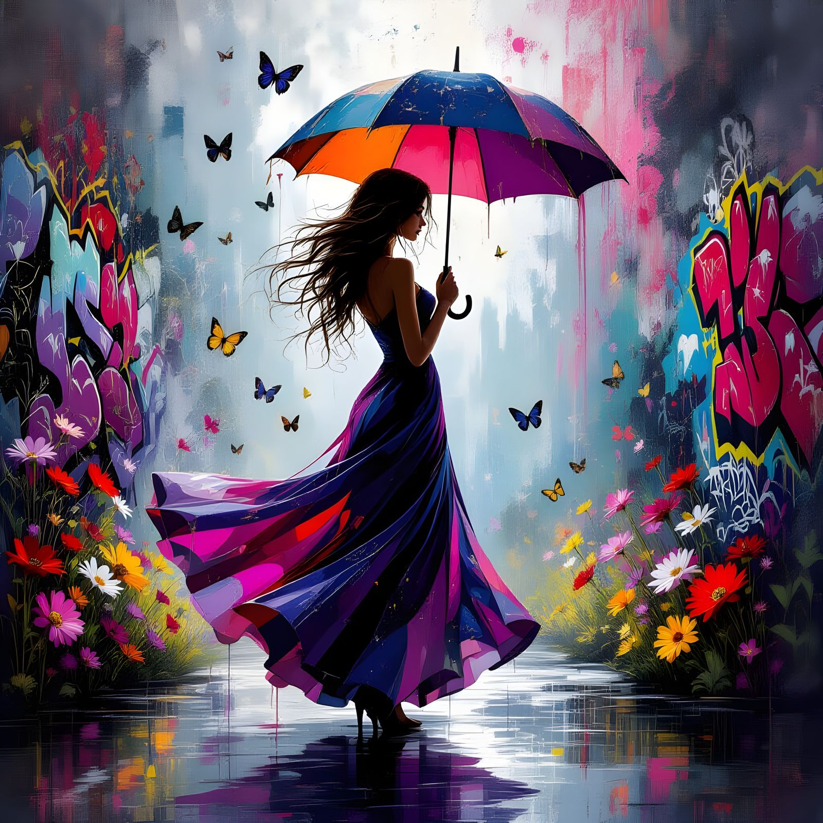 Woman with Umbrella Amidst Butterflies and Flowers