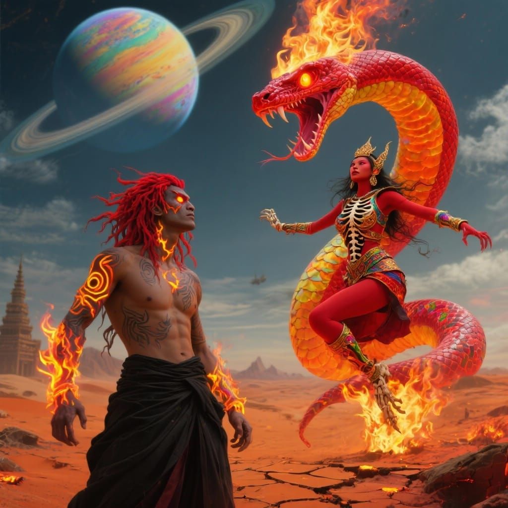Genie Levitation Amidst Fiery Serpent and Dragon