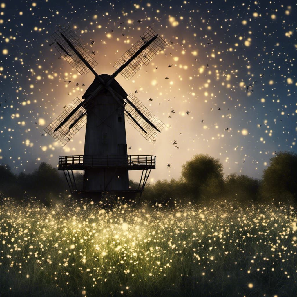 Windmill Surrounded by Fireflies at Night