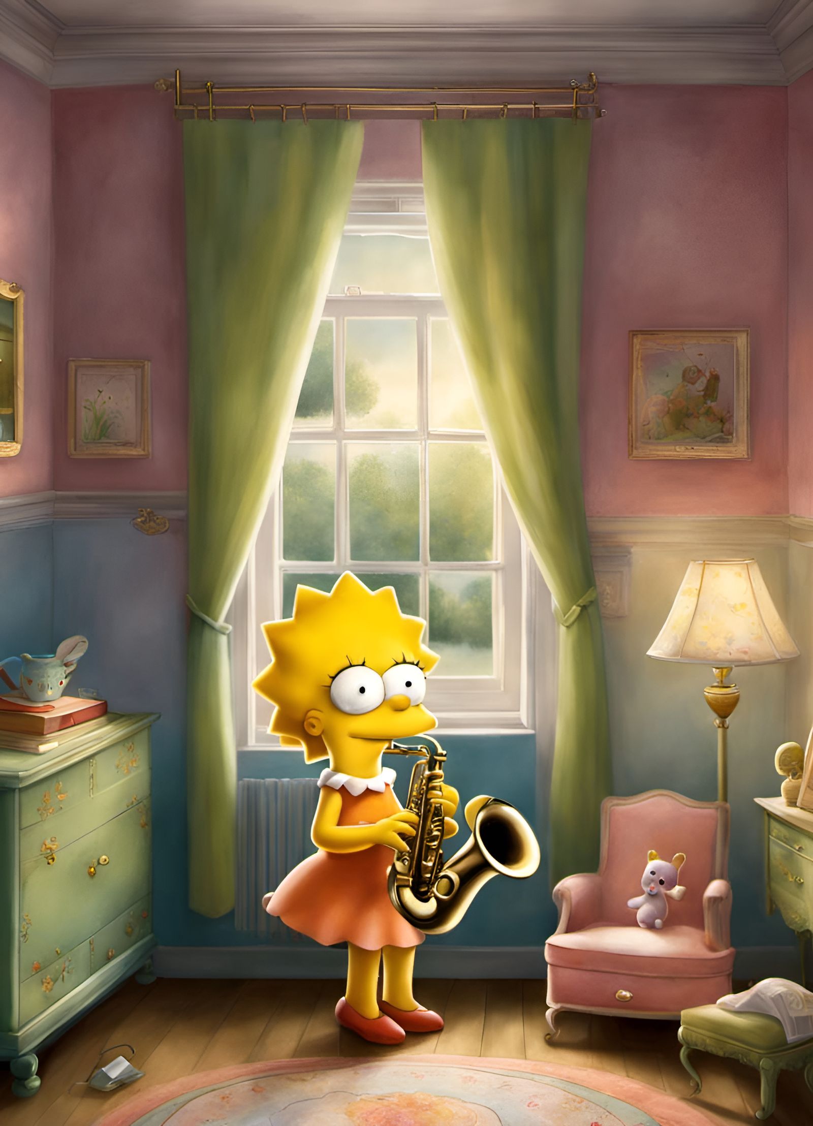 Lisa Simpson playing saxophone in her room