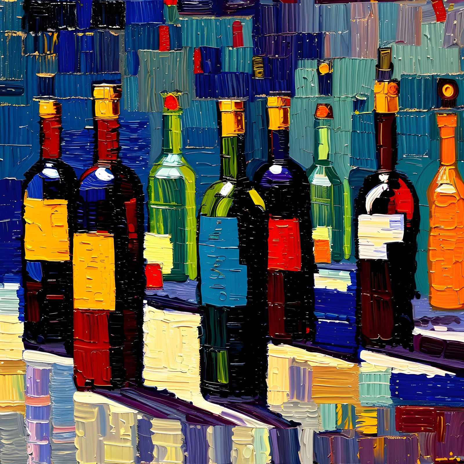 Impressionist Still Life of Wine Bottles in Warm Golden Ligh...