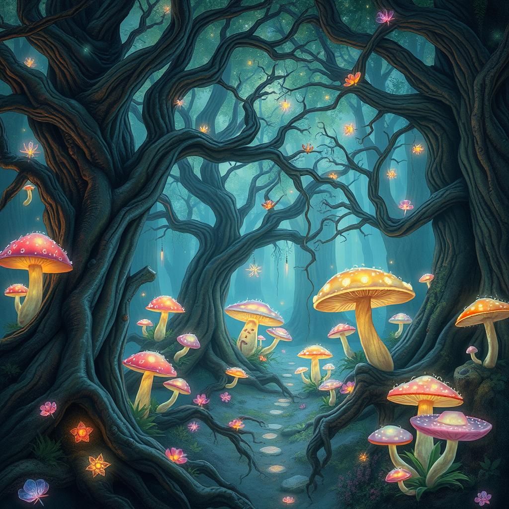Enchanted Bioluminescent Fairy Forest Inspired by Miyazaki