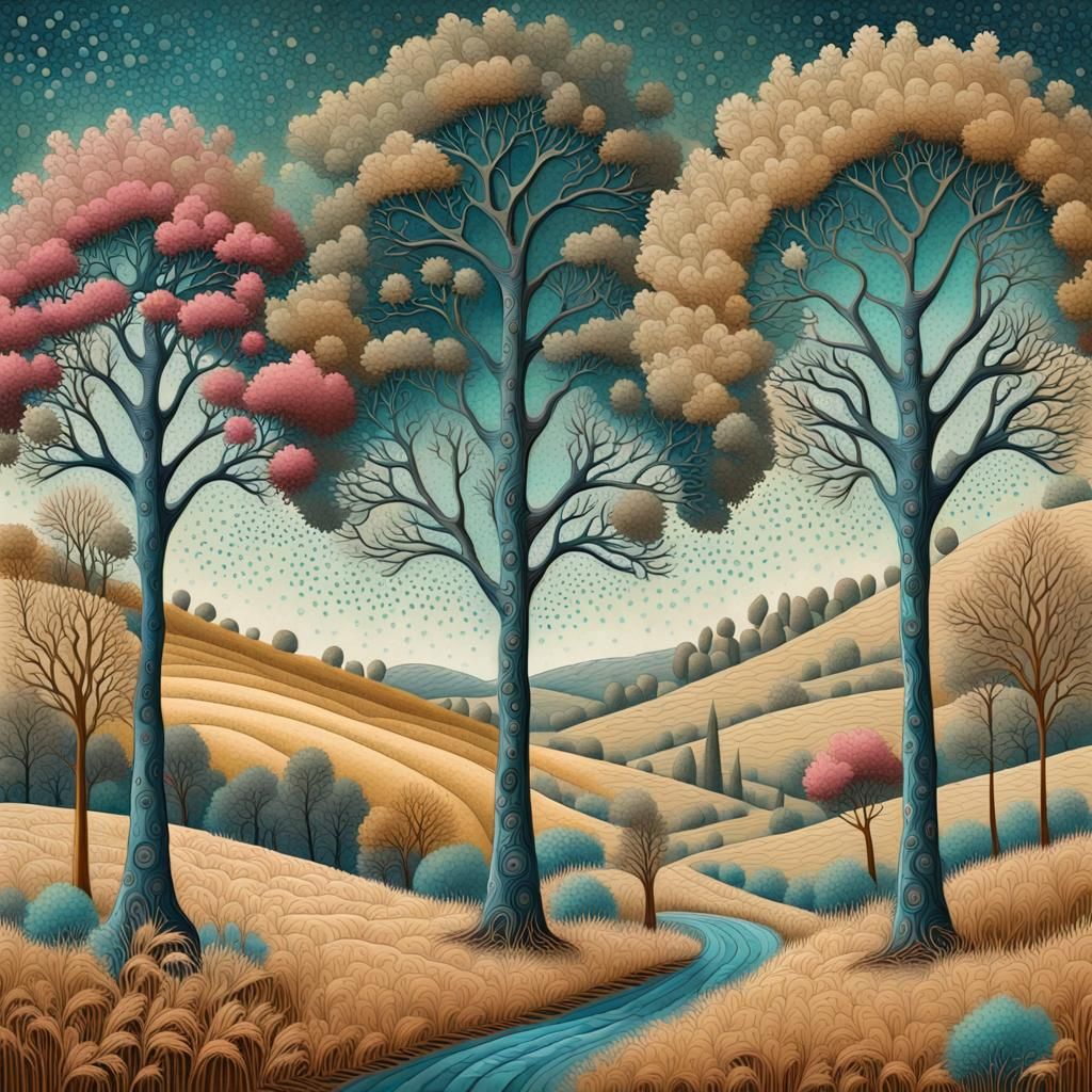 Whimsical Trees in Surreal Mixed Media Style