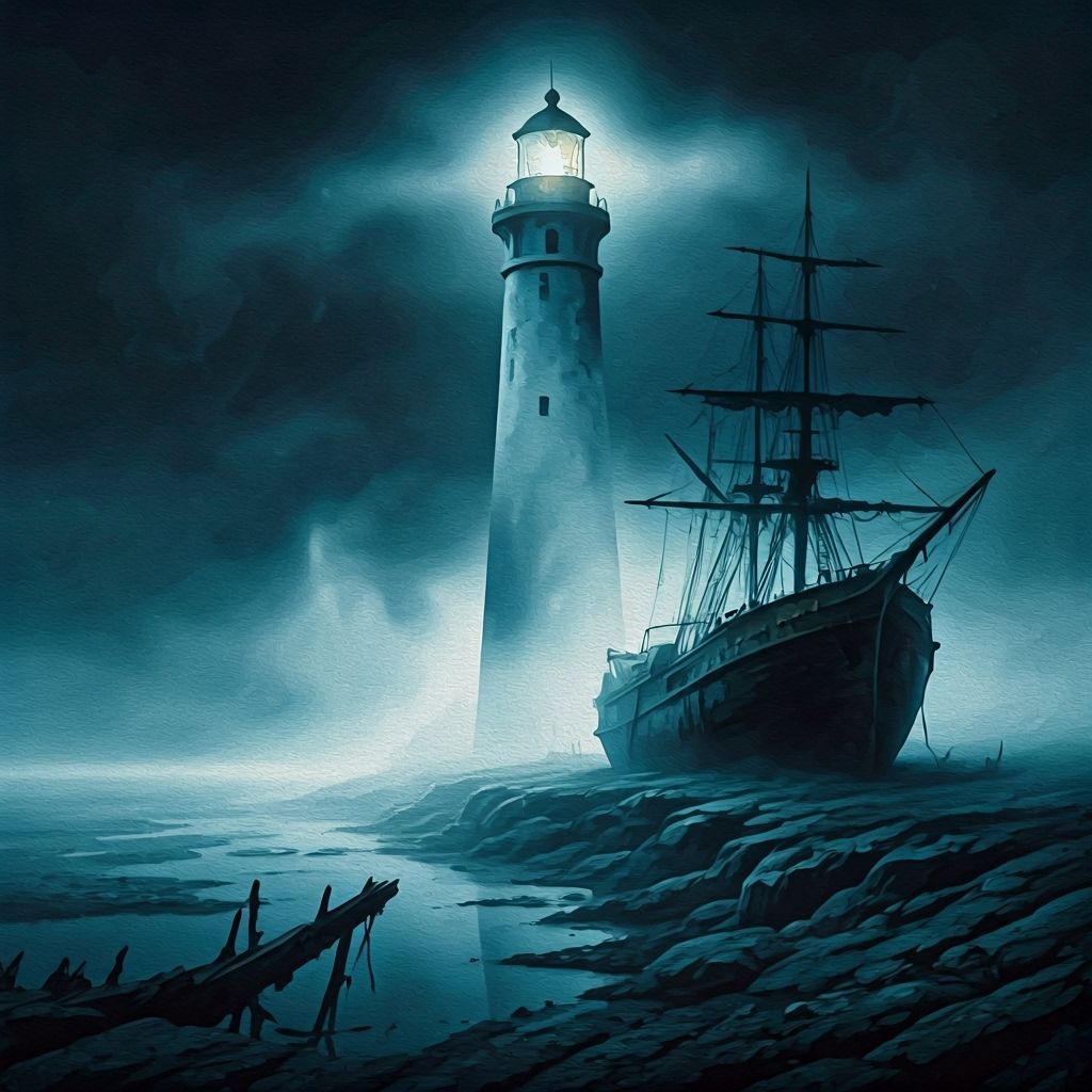 Ghost Lighthouse in Fog: Lovecraftian Watercolor Painting