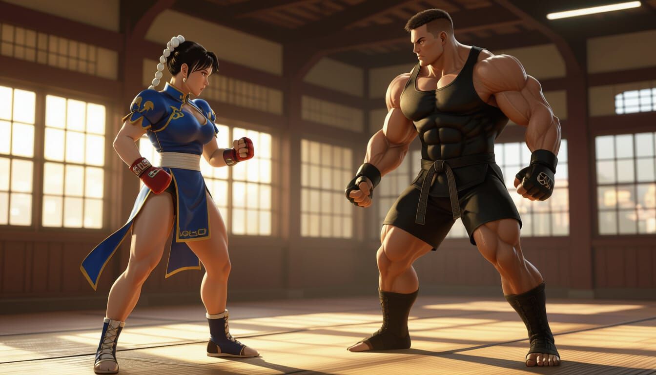 Chun Li Faces Opponent in Low Light Dojo, Concept Art
