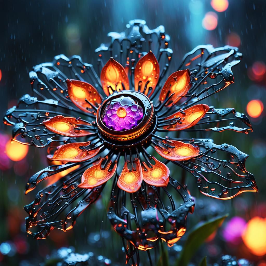 Glowing Cybernetic Blossom in a Magical Garden