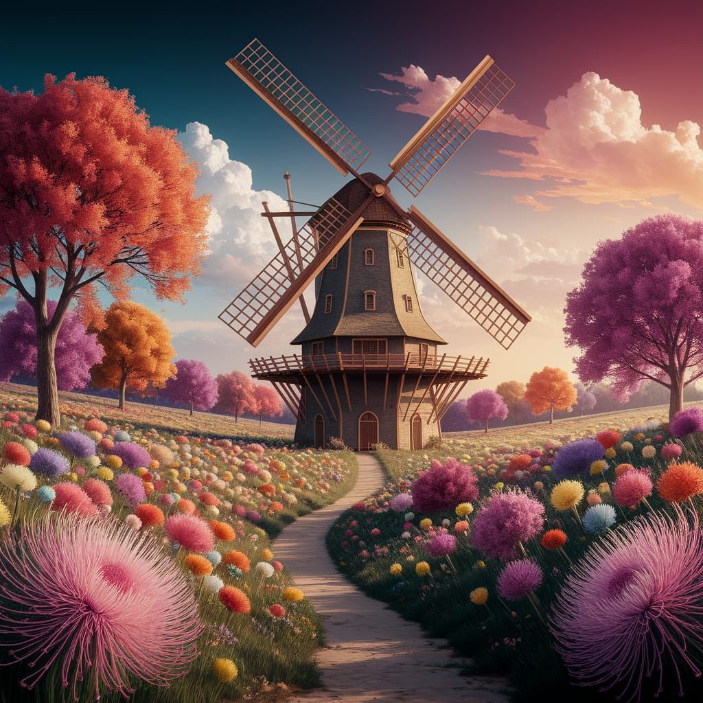 Fantastical Windmill Landscape in Vibrant Colors