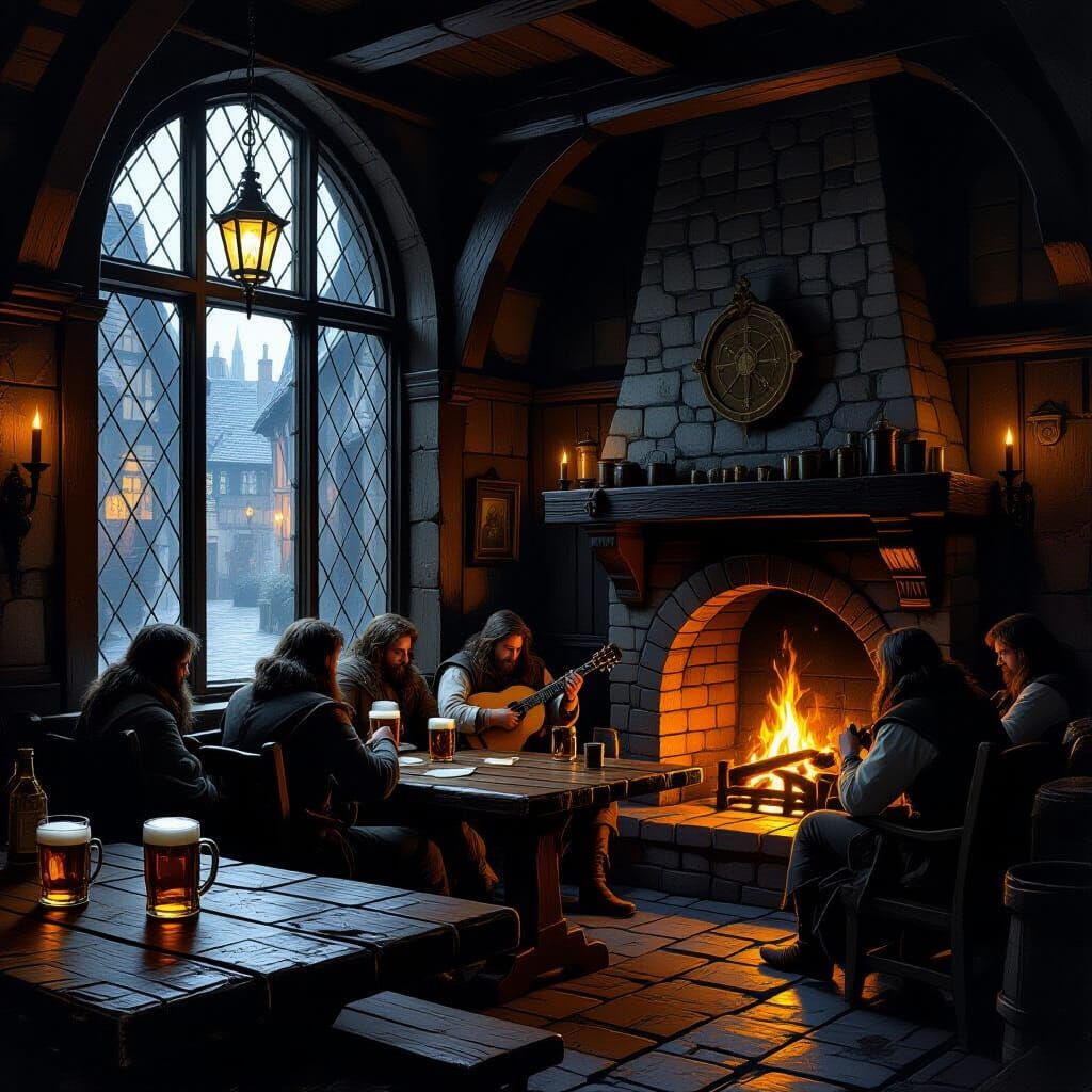 Cozy Tavern Scene with Bard Playing Lute