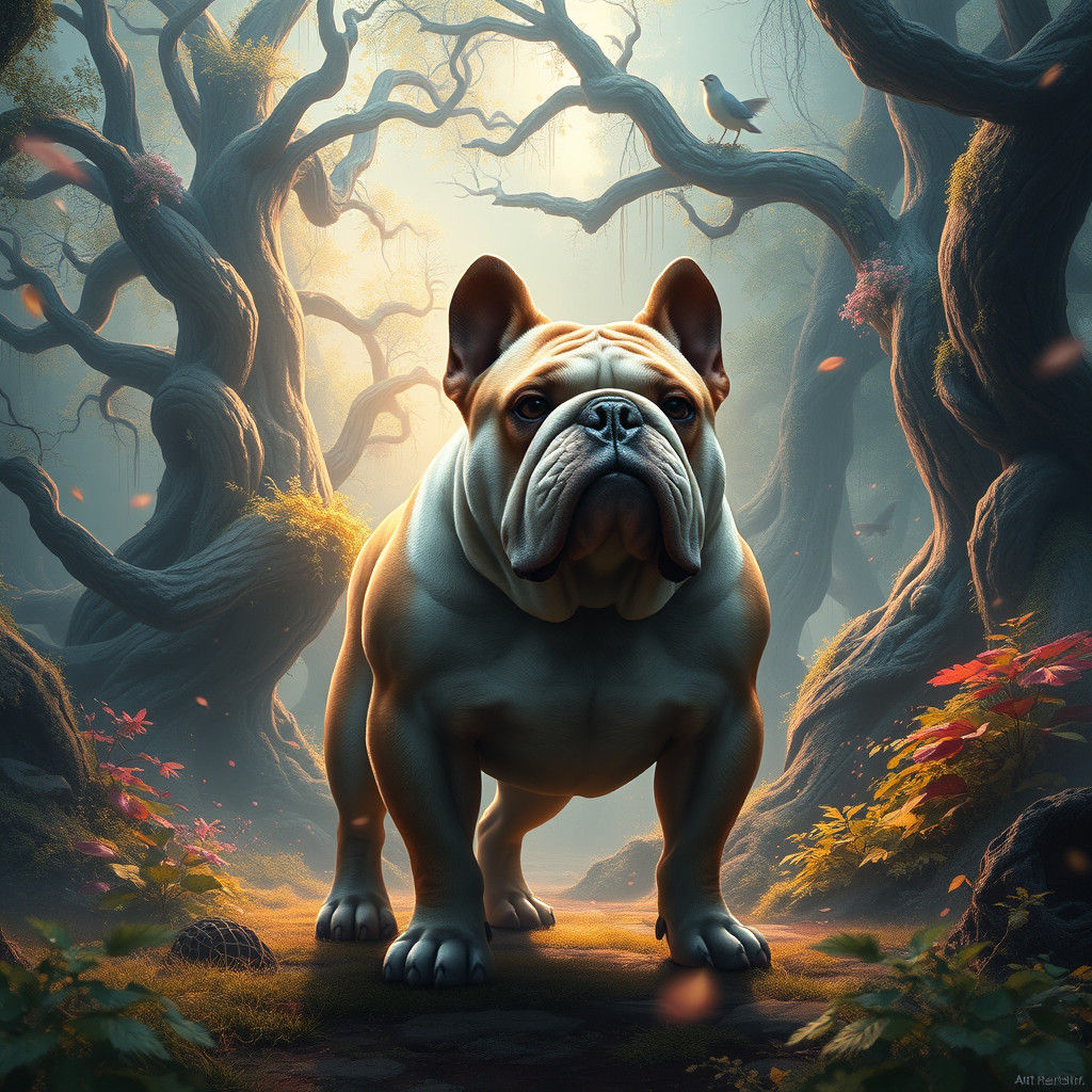 Majestic Bulldog in Mystical Forest, Fantasy Concept Art
