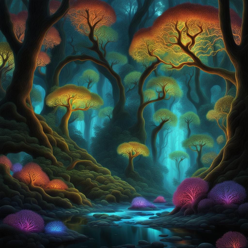 Bioluminescent Fractal Forest with Glowing Flora