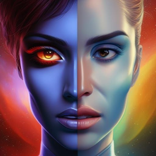 Sci-Fi Astronauts in Red and Blue, Detailed Digital Art