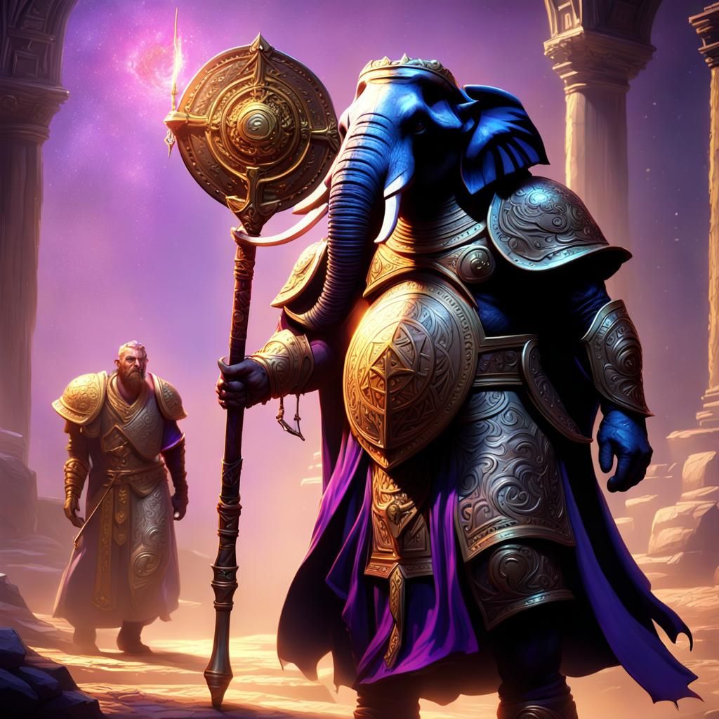 Loxodon Cleric with Battlestaff in Dark Fantasy Style