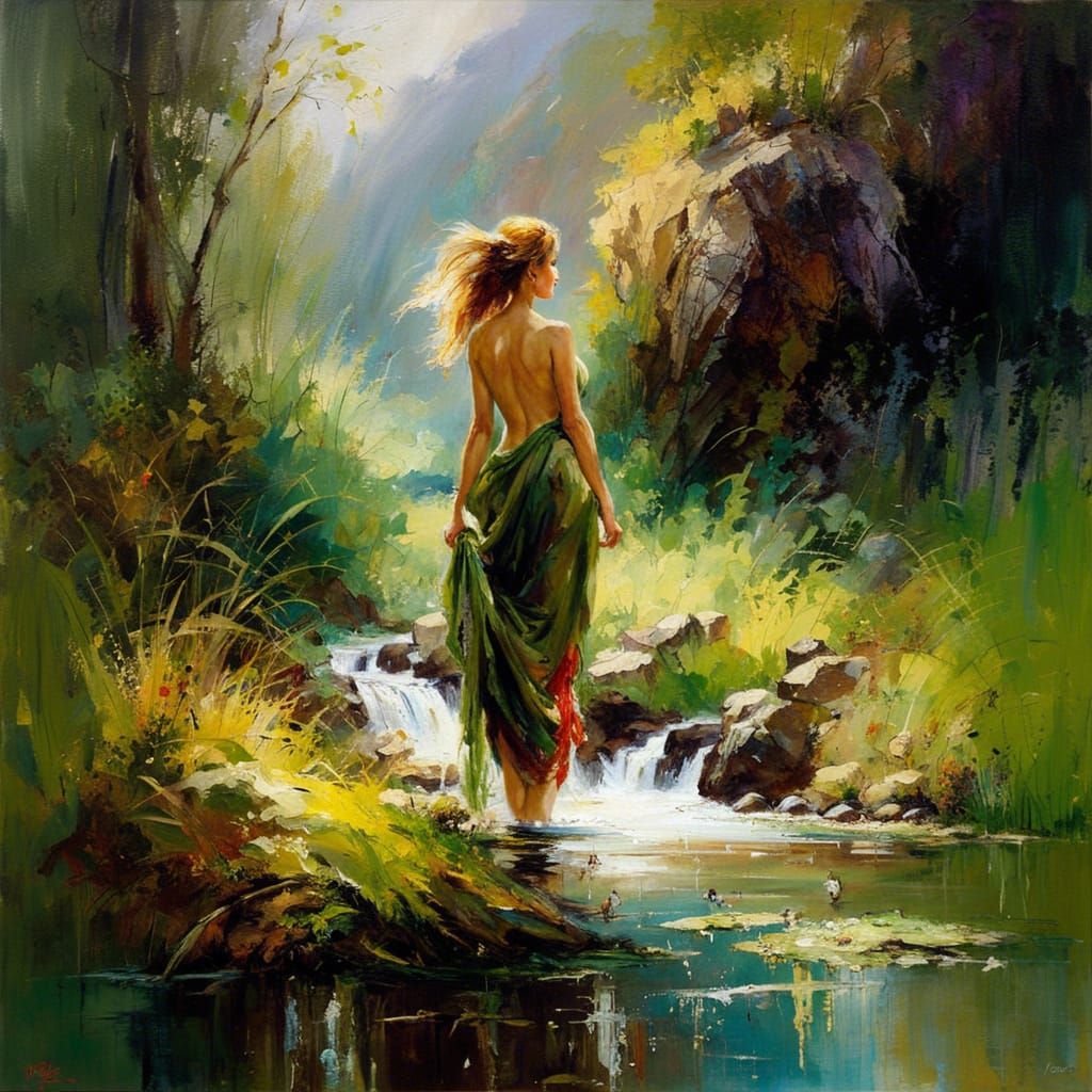 Lush Waterfall Landscape Painting by Pino Daeni