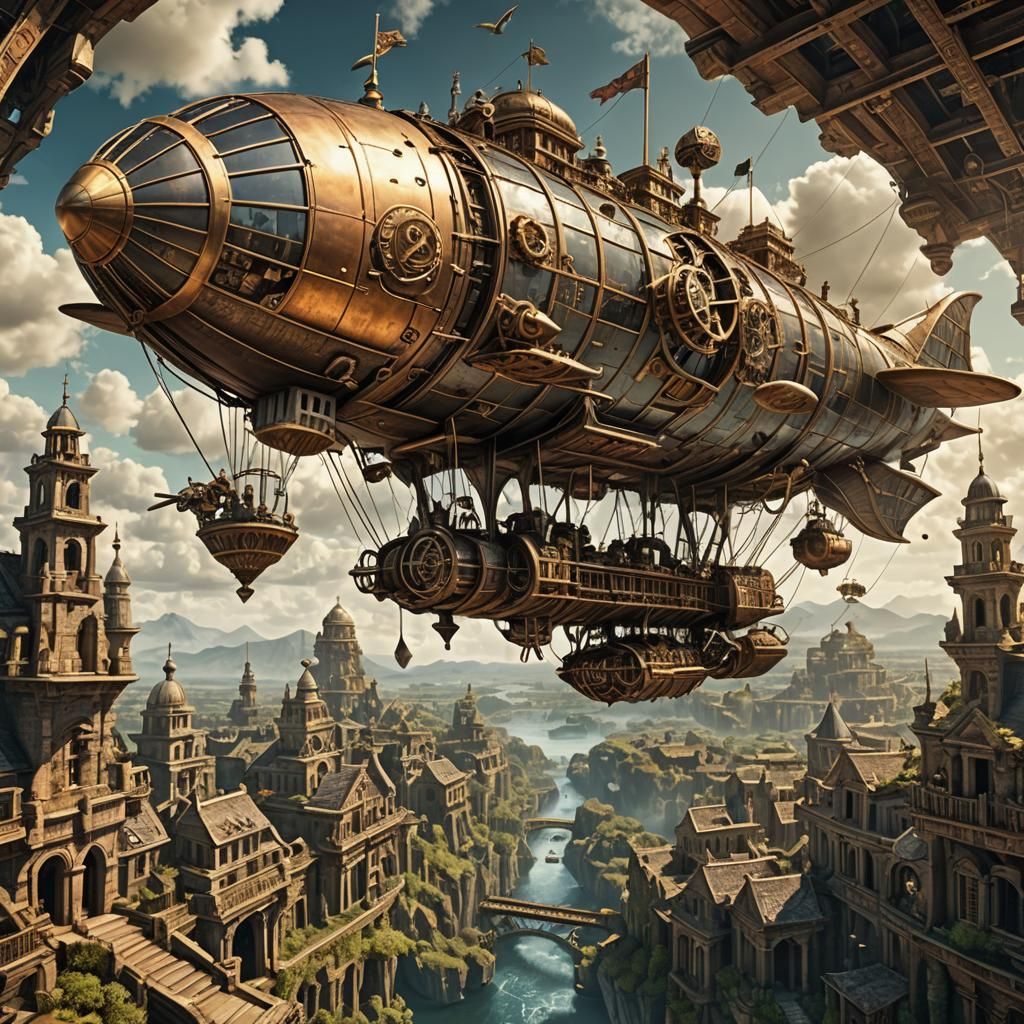 Steampunk Airship Soaring Through Floating Islands