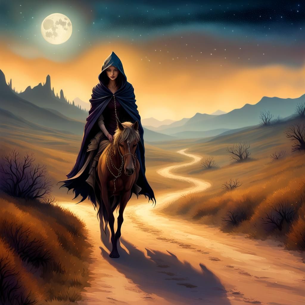 Mystical Woman Walks Rugged Path Under Moonlight