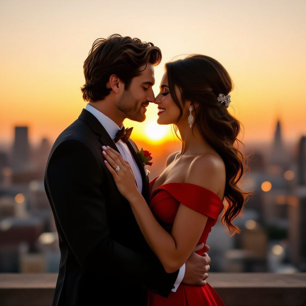 Romantic Couple's Passionate Kiss in Golden Hour