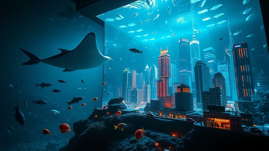Epic Oceanic Metropolis in Neon-Lit Aquarium