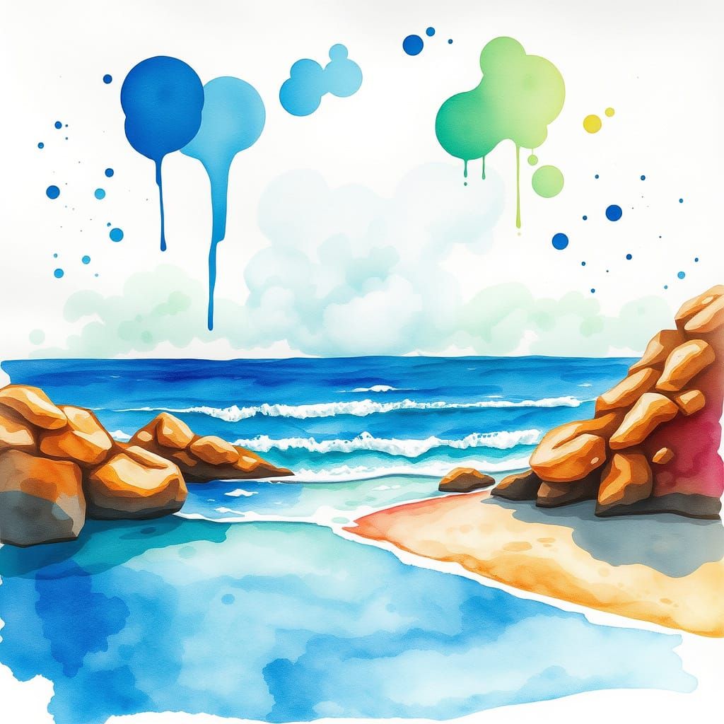 Vibrant Ocean Landscape with Watercolor Stains