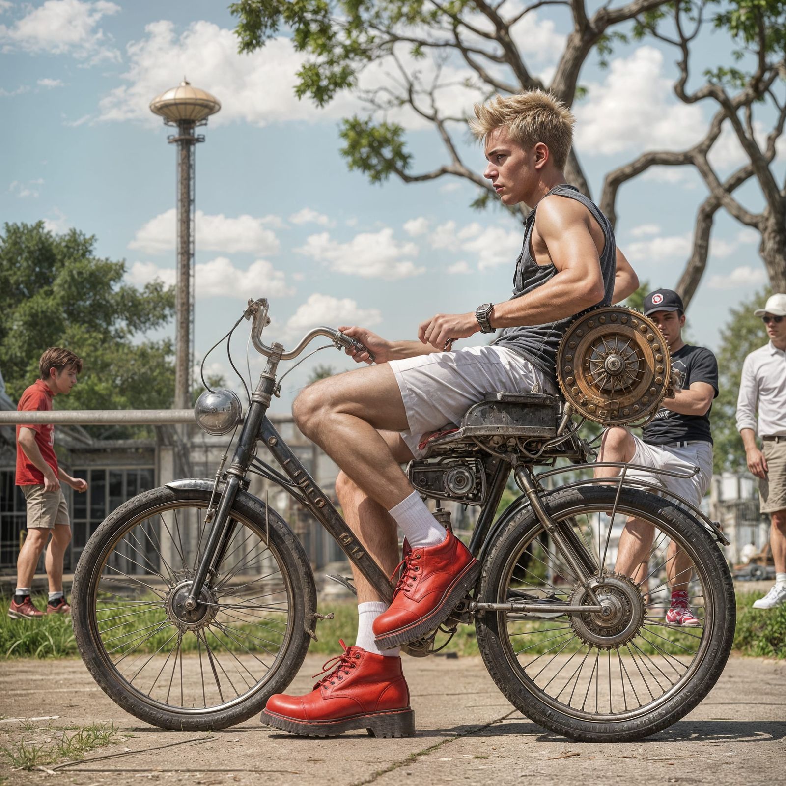 Man in Vintage Mechanical Perambulator with Red Doc Martens