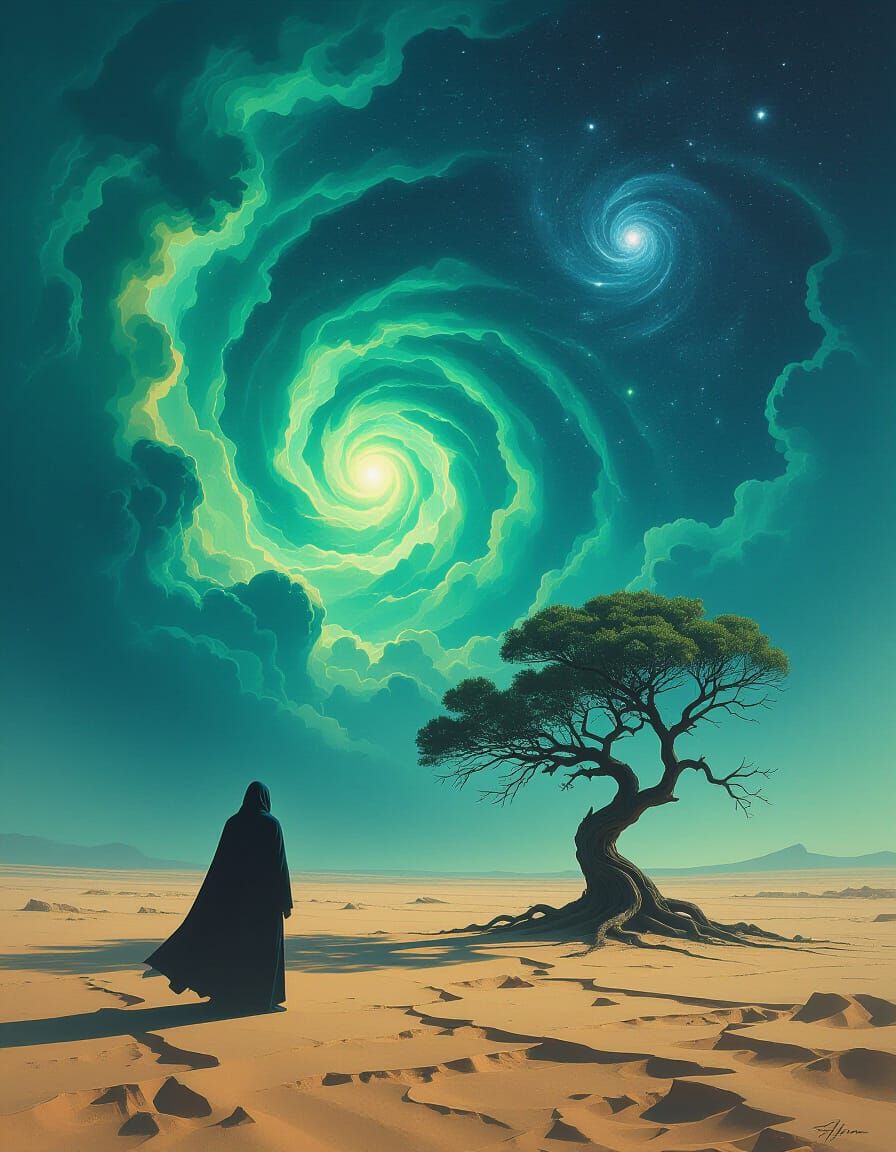 Cosmic Wanderer on Alien Plain Under Nebulae Sky