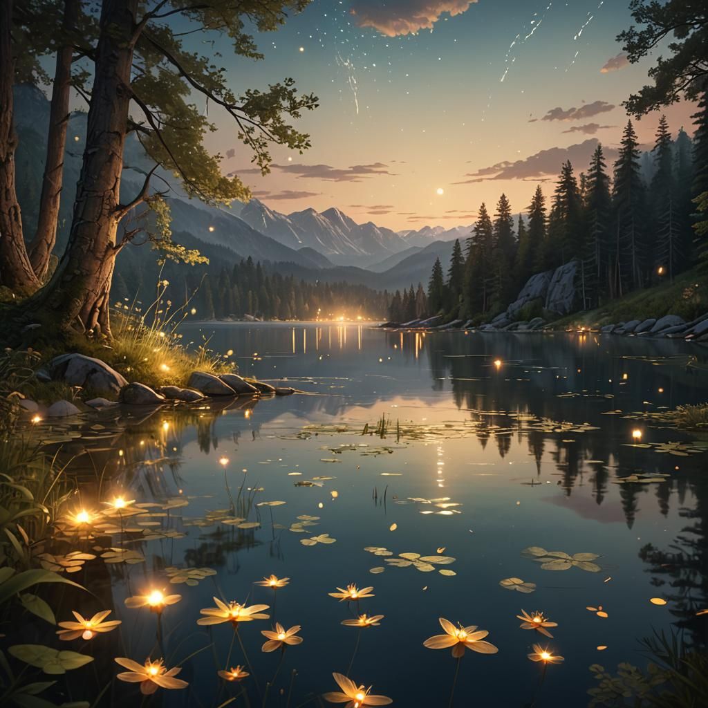 Alpine Lake at Dusk: Hyperrealistic Digital Painting