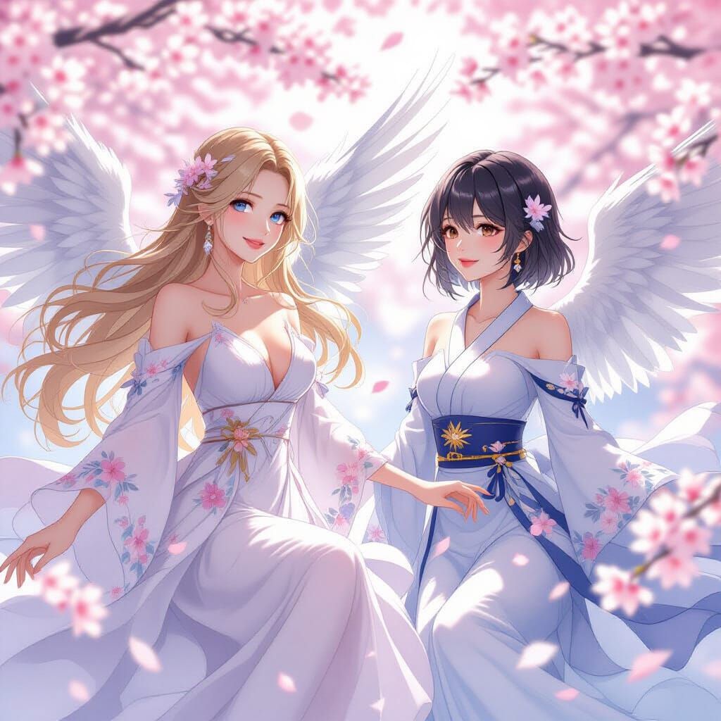 Ethereal Women with Angel Wings Amidst Cherry Blossoms