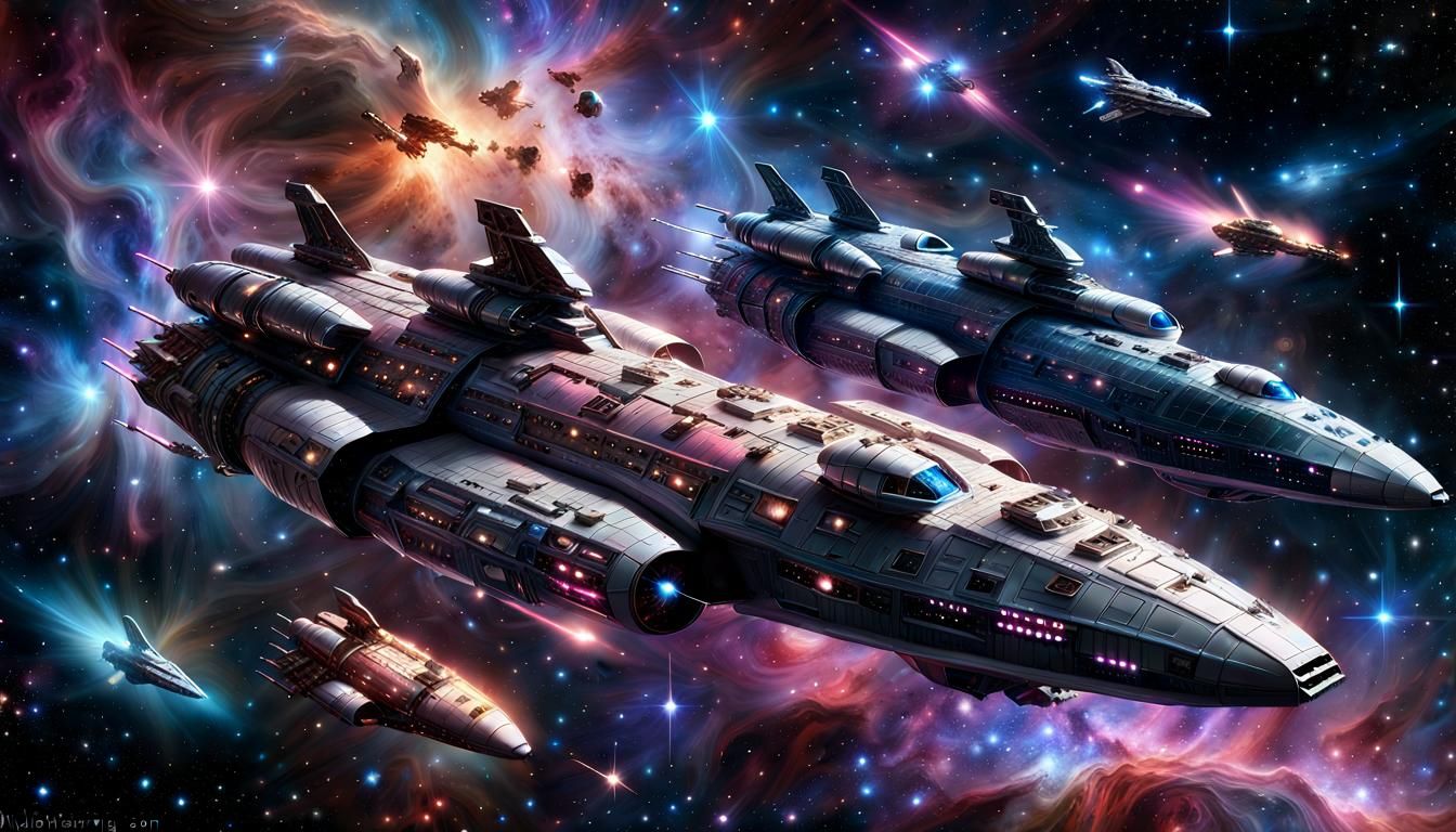 Fantasy Starship Fleet in Sparkling Galaxy Sky