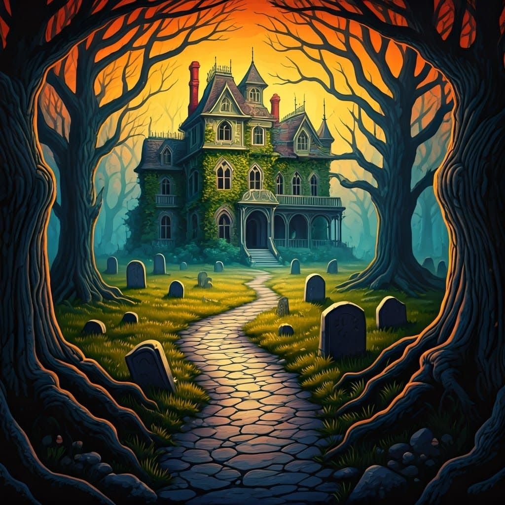 Eerie Mansion in Autumnal Pop Surrealism Style